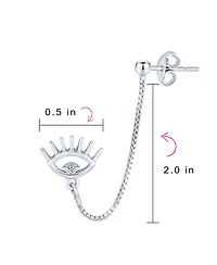 Bling Jewelry Eye lash Cz Accent Evil Eye Double Pierced Cartilage Ear Lobe Helix Chain Ball Ear Stud Earrings Body Piercing Sterling Silver