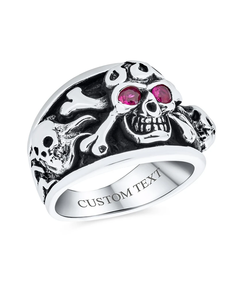 Bling Jewelry Biker Gothic Caribbean Pirate Crossbones Multi Skull Heads Band Ring with Red Cz Eyes Oxidized Sterling Silver