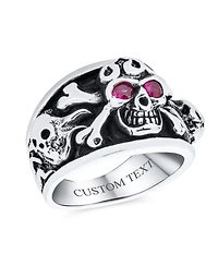 Bling Jewelry Biker Gothic Caribbean Pirate Crossbones Multi Skull Heads Band Ring with Red Cz Eyes Oxidized Sterling Silver
