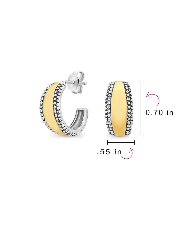 Bling Jewelry Lightweight Dome Round Caviar Bead Edge Two Tone Stud Hoop Earrings Gold Plated Sterling Silver .70 Inch Diameter