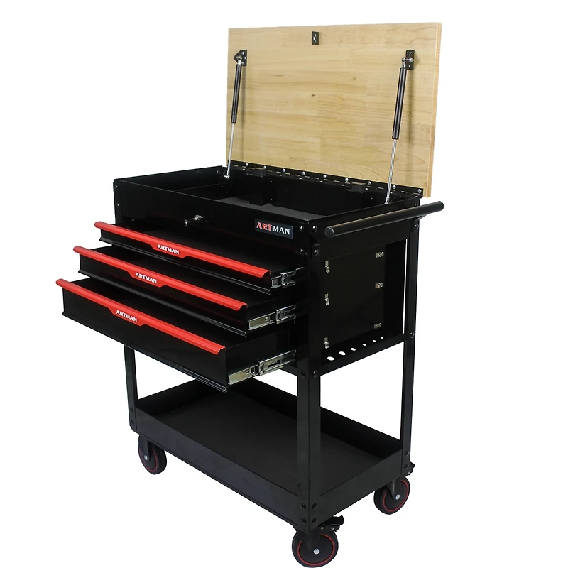 Streamdale Furniture 3 Drawers Multifunctional Tool Cart With Wheels And Wooden Top