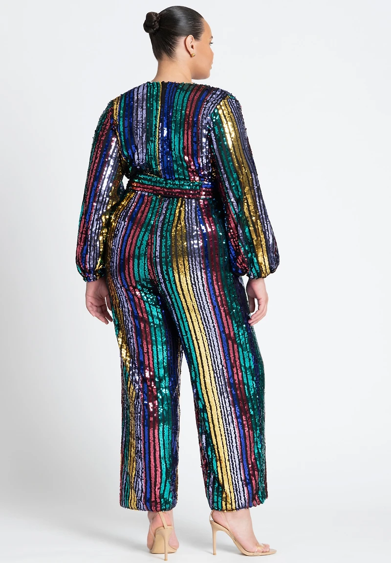 Eloquii Women's Plus Multicolor Stripe Sequin Jumpsuit