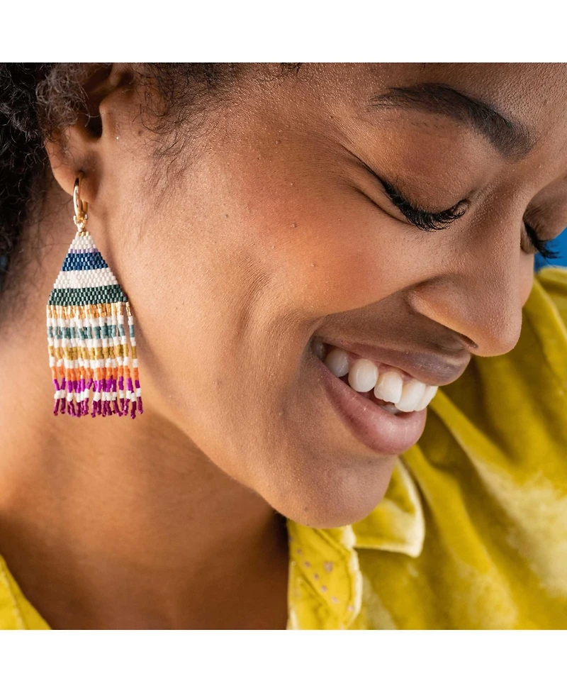Ink + Alloy Ink+Alloy Women's James Mini Gold Hoop Horizontal Stripes Beaded Fringe Earrings Muted