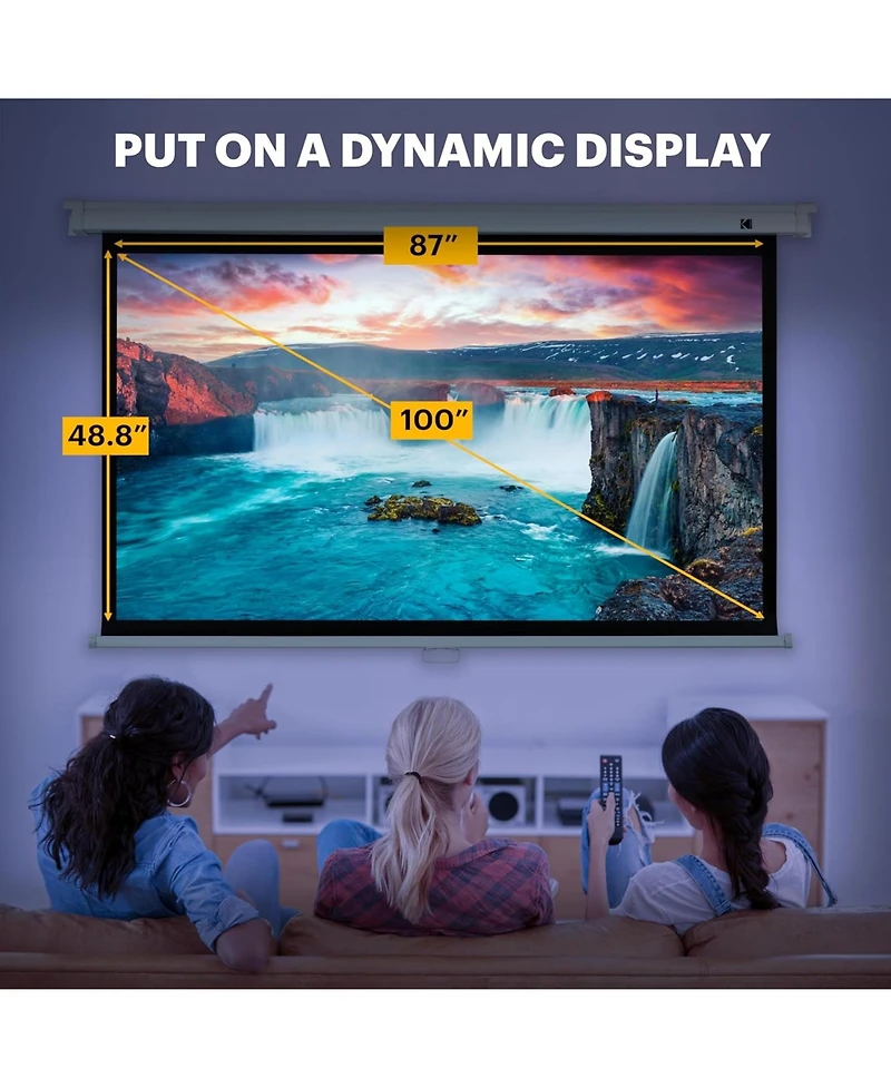 Kodak 100" Manual Pull Down Projector Screen, Large 16:9 Retractable Projector Screen