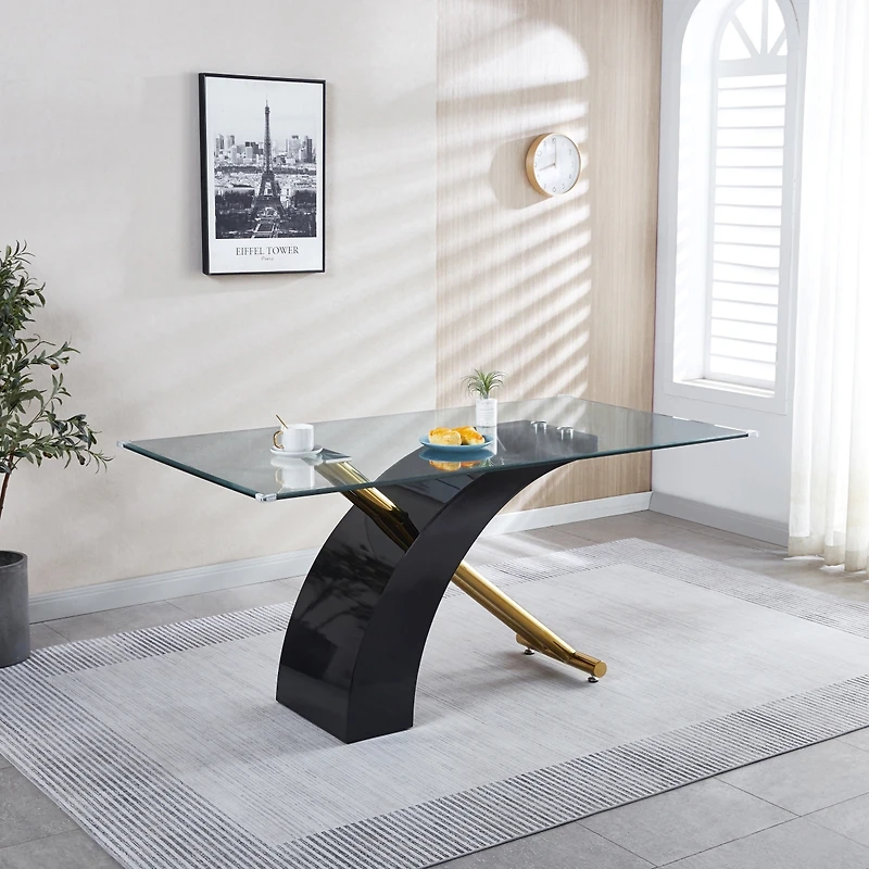 Rectangular Glass Top Dining Table, Modern Design Rectangular Room Table For Home (Black Or White)