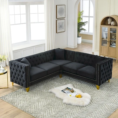 Streamdale Furniture 82.2" Velvet L-Shaped Corner Sofa, 5-Seater, 3 Cushions