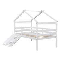 Streamdale Furniture Twin Low Loft House Bed With Slide, Ladder, Safety Guardrails, House Roof Frame, White