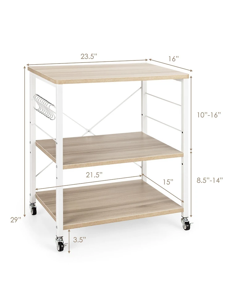 3-Tier Kitchen Baker's Rack with Microwave Shelf, Storage Hooks, and Utility Cart