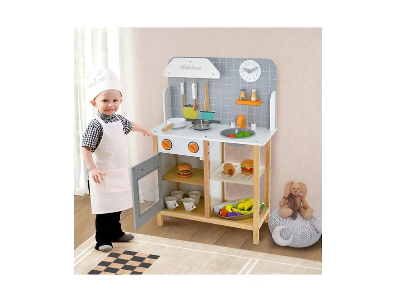 Slickblue Wooden Toddler Pretend Kitchen Set with Cookware Accessories for Boys and Girls-Grey