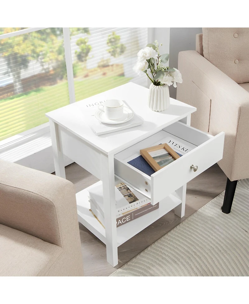 Sugift Wooden Storage Shelf Nightstands with Drawer for Bedroom and Living Room-White