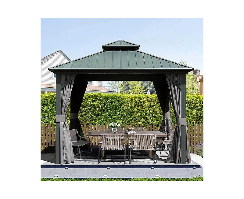 Mondawe Outdoor 10 x 10 ft Hardtop Gazebo Aluminum Frame Permanent Galvanized Steel Double Roof Canopy with Curtain and Netting Parties, Wedding, Outd