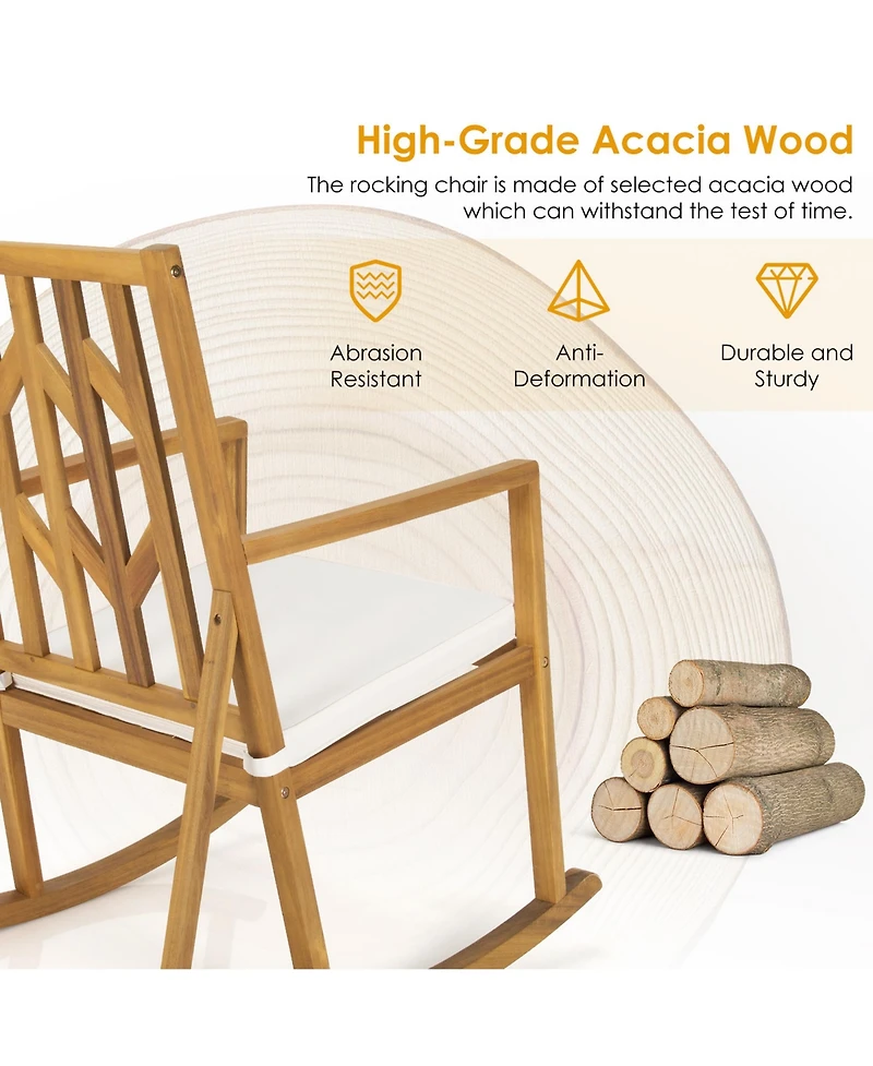 Gymax Outdoor Acacia Wood Rocking Chair Wooden Patio Rocker w/ Beige Cushion