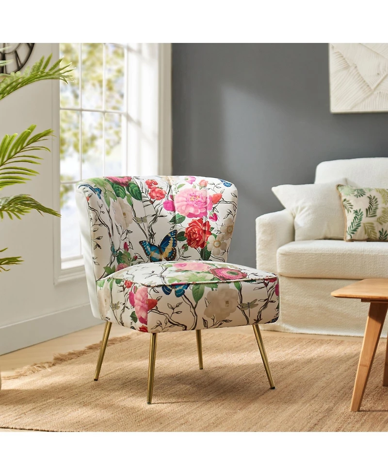 Tufted Floral Fabric Accent Chair with Gold Metal Legs for Living Room