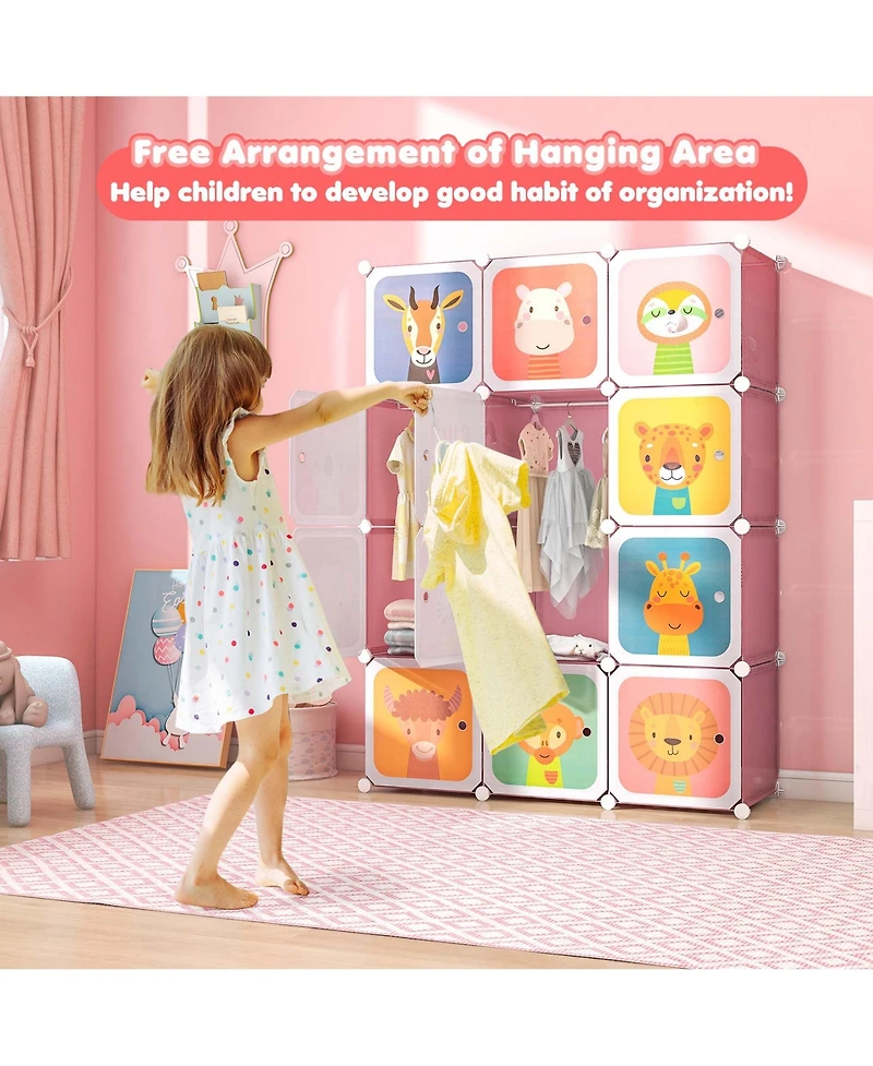 12-Cube Kids Wardrobe Baby Dresser Bedroom Armoire Clothes Hanging Closet with Door