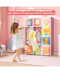 12-Cube Kids Wardrobe Baby Dresser Bedroom Armoire Clothes Hanging Closet with Door
