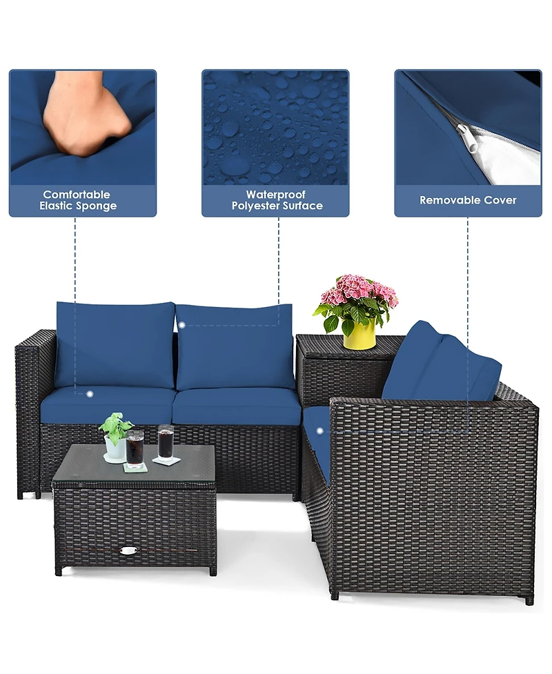 Costway 8PCS Outdoor Patio Rattan Furniture Set Cushioned Loveseat Storage Table Navy