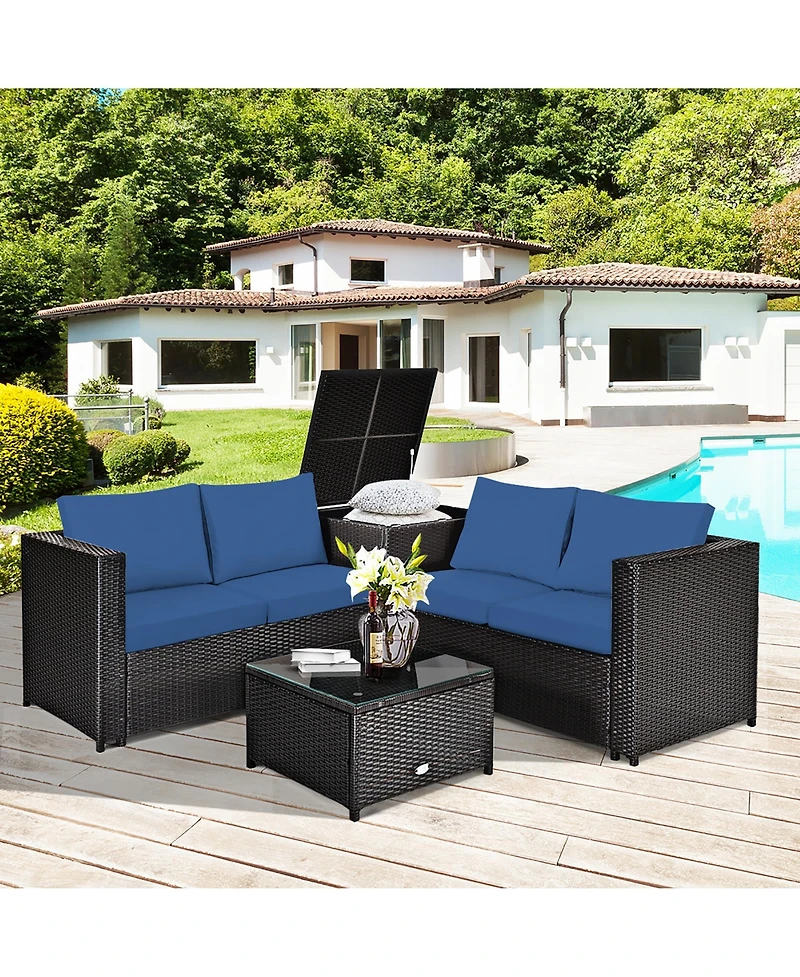 Costway 8PCS Outdoor Patio Rattan Furniture Set Cushioned Loveseat Storage Table Navy