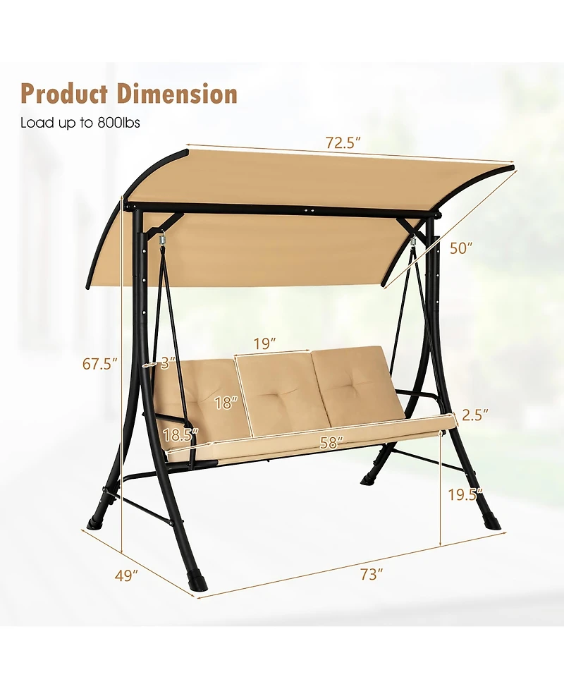 3-Seat Outdoor Porch Swing Adjustable Canopy Padded Cushions Steel Frame