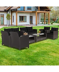 8 Pcs Patio Rattan Furniture Set Glass Table Shelf Sofa Cushion Black