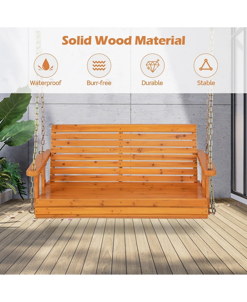 Costway Porch Swing Wood Outdoor Patio Hanging Bench Chair for Garden Backyard orange