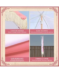 LAGarden 6Ft Fringe Patio Umbrella with Tassels & Carry Bag 50 / 60s Vintage Style Umbrella Wood Pink,Model: PS6-12