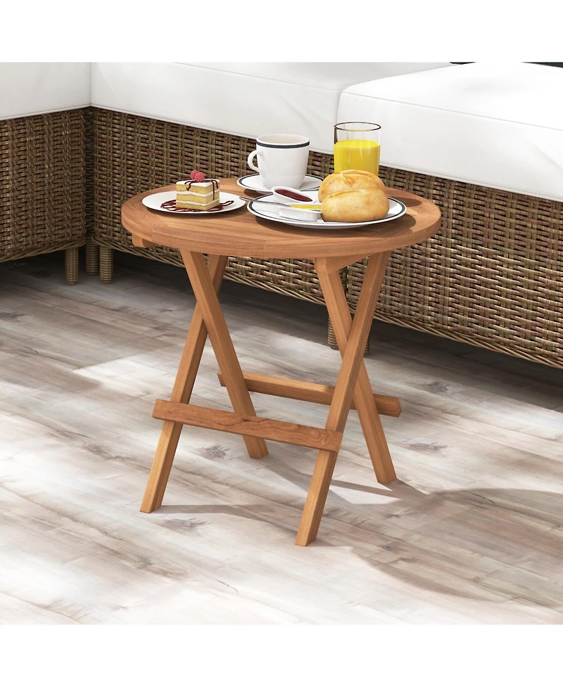 Slickblue Round Patio Folding Coffee Table Indonesia Teak Wood with Slatted Tabletop