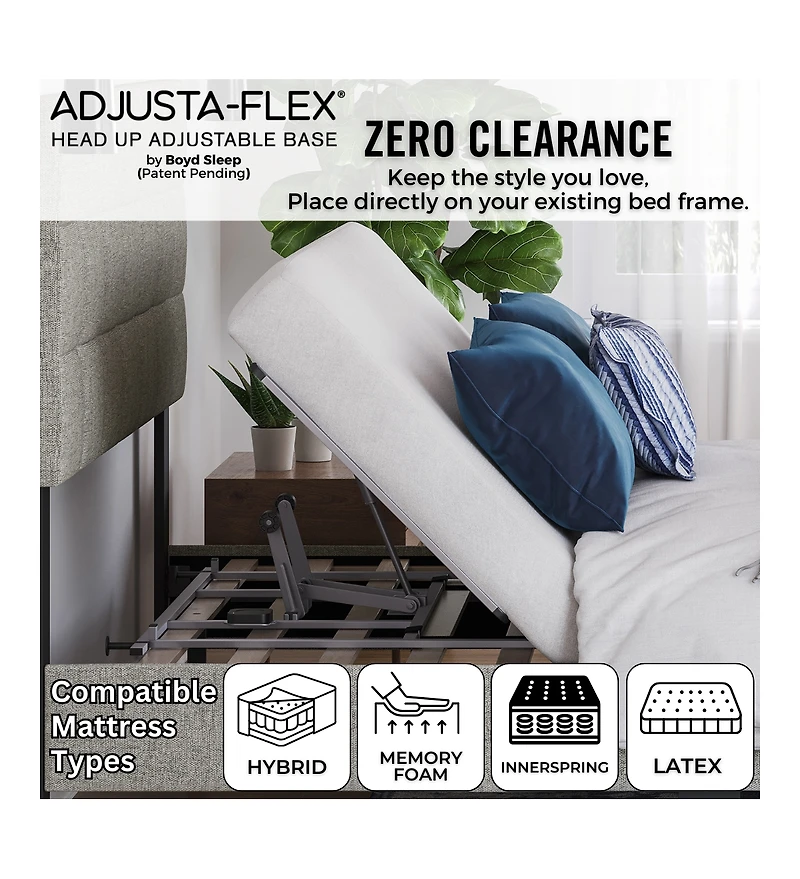 Boyd Sleep Adjusta-Flex Power Adjustable Head Lift Base with Wireless Remote Control, Bed Recliner Anti-Snore, Reading, Work Positions | 10 Minut