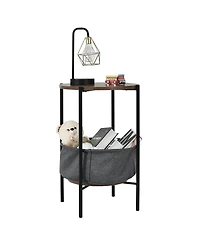 Industrial Round End Side Table Sofa Coffee Table w/ Storage Basket&Metal Frame