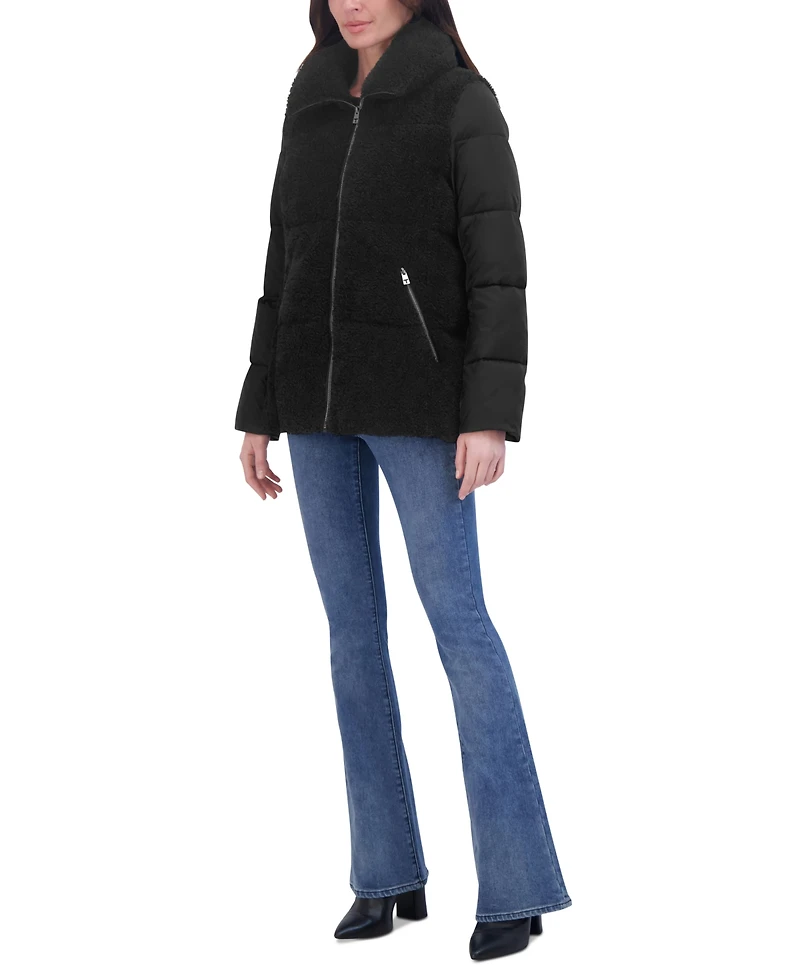 Tahari Women's Mixed-Media Stand-Collar Puffer Coat