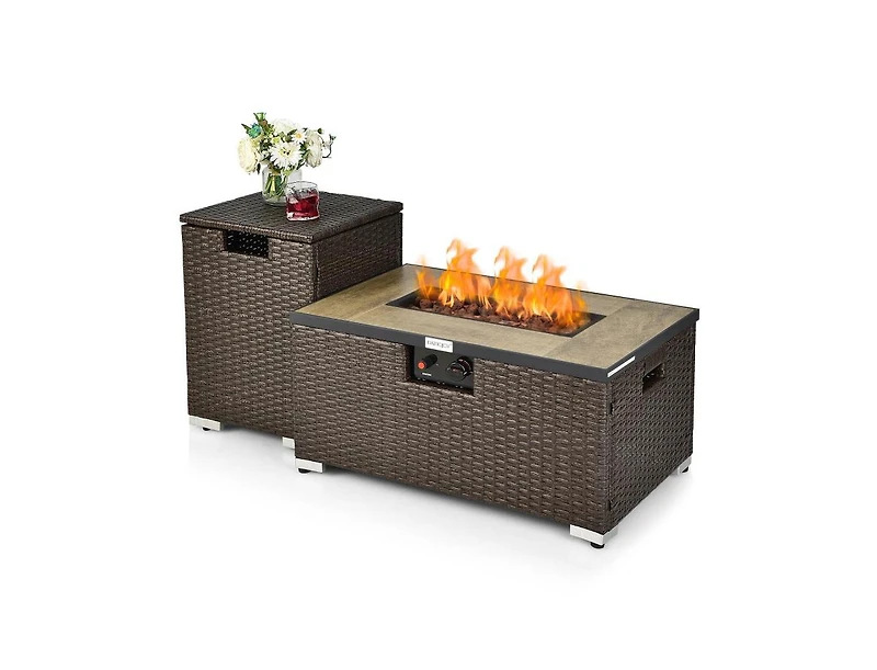 Slickblue 32 x 20 Inch Propane Rattan Fire Pit Table Set with Side Table Tank and Cover