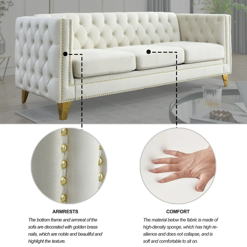 Streamdale Furniture Beige Velvet Sofa with Tufted Arms and Metal Legs