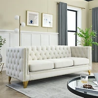 Streamdale Furniture Beige Velvet Sofa with Tufted Arms and Metal Legs