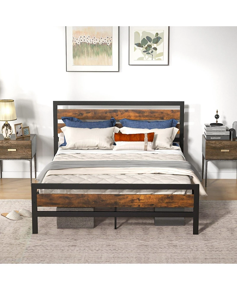 Queen Industrial Bed Frame with Rustic Headboard and Footboard-Queen Size