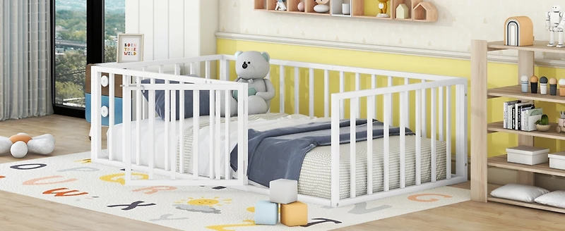 Streamdale Twin Metal Floor Bed Frame with Fence and Door, White