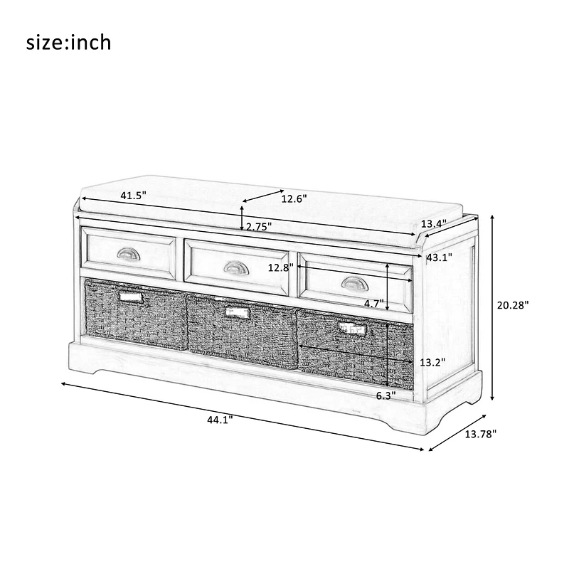 Streamdale Homes Collection Wood Storage Bench with 3 Drawers and Baskets