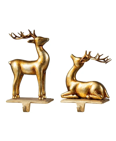 Glitzhome Set of 2 Gold Resin Standing Sitting Reindeer Stocking Holders