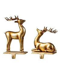 Glitzhome Set of 2 Gold Resin Standing Sitting Reindeer Stocking Holders