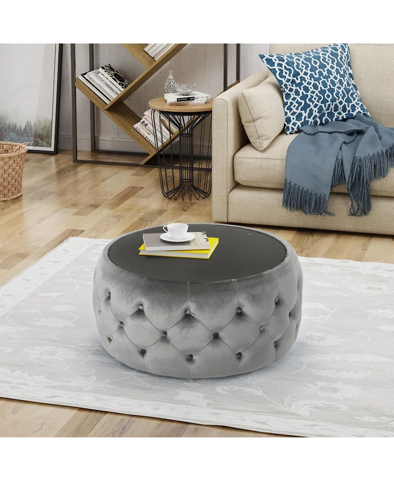 Modern Glam Diamond Tufted Velvet Ottoman with Tempered Glass Top