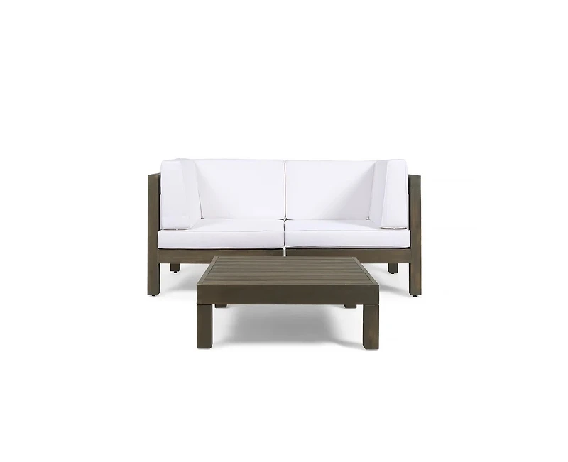 Simplie Fun Outdoor Loveseat Set with Coffee Table in Acacia Wood with Plush Cushions