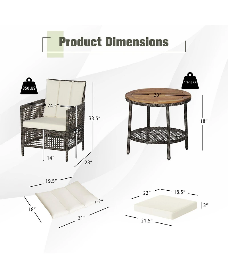 Slickblue 3 Pieces Patio Rattan Furniture Set with Cushioned Sofas and Wood Table Top-White