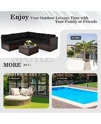 6PCS Patio Rattan Furniture Set Cushioned Sofa Coffee Table Garden