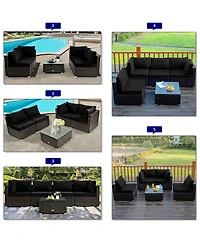 6PCS Patio Rattan Furniture Set 42'' Fire Pit Table Cover Sofa Cushion