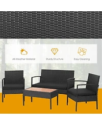 Costway 8PCS Patio Rattan Furniture Set Cushioned Chair Wooden Tabletop