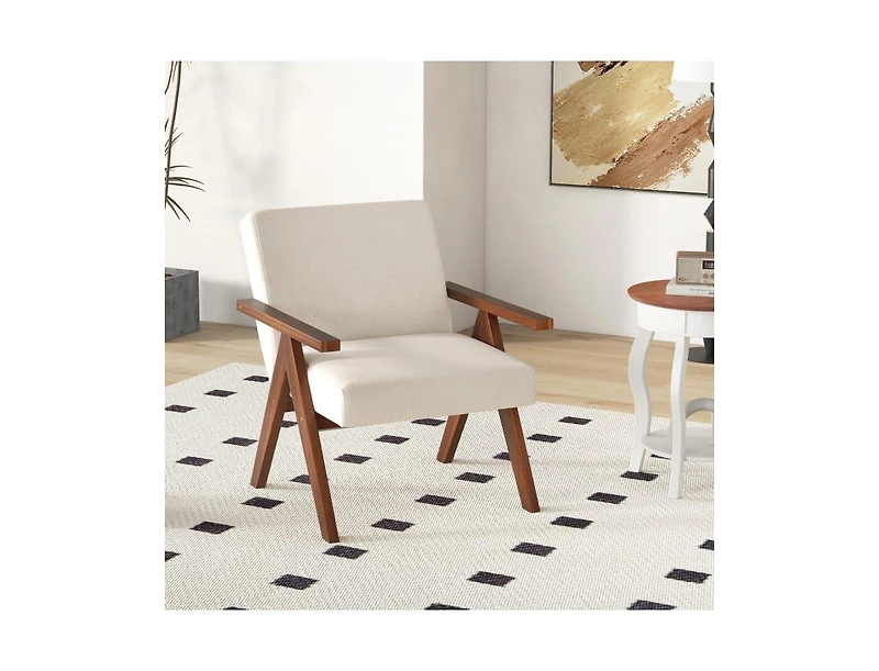 Slickblue Modern Accent Chair Linen Fabric Armchair with Solid Acacia Wood Frame