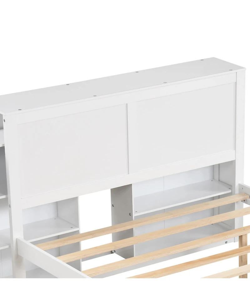 Twin Kids Wooden Platform Bed with Trundle Storage Headboard-Twin Size