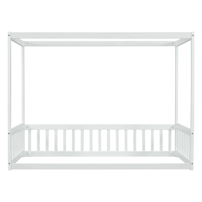Simplie Fun Twin Size Canopy Frame Floor Bed with Fence, Guardrails, White