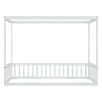 Simplie Fun Twin Size Canopy Frame Floor Bed with Fence, Guardrails, White