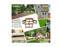 Slickblue 6-person Round Wooden Picnic Table with Umbrella Hole and 3 Built-in Benches-Dark Brown