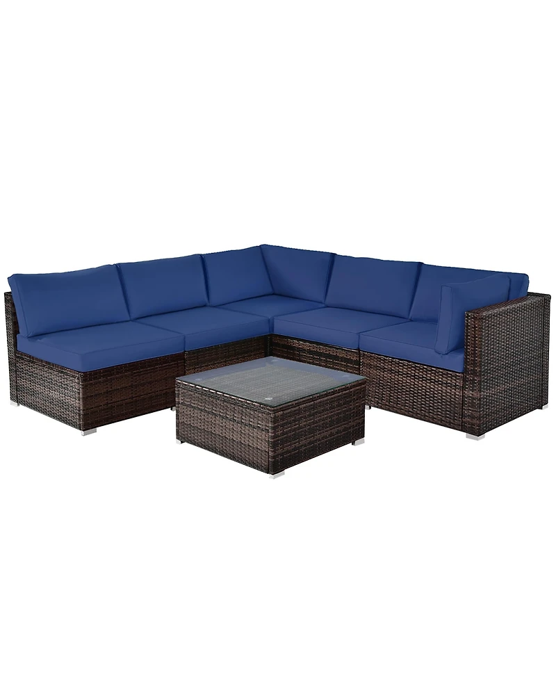 6PCS Patio Rattan Furniture Set Cushioned Sofa Coffee Table Garden