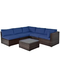 6PCS Patio Rattan Furniture Set Cushioned Sofa Coffee Table Garden